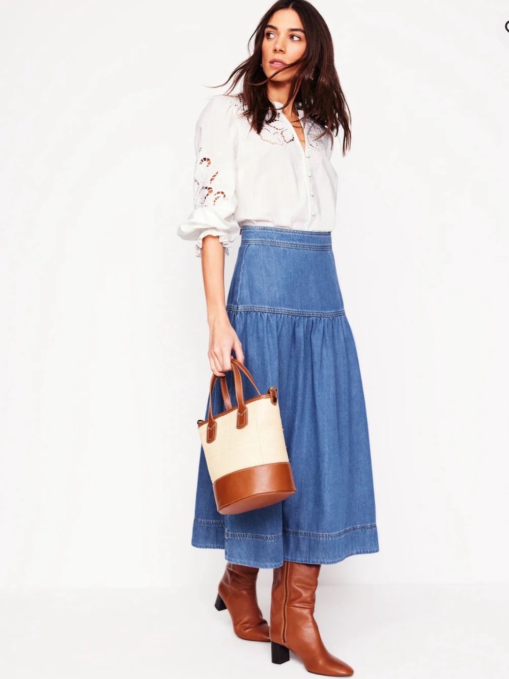 Boden Woman’s Yoke Detail Denim Midi Skirt, Size 14, NWT